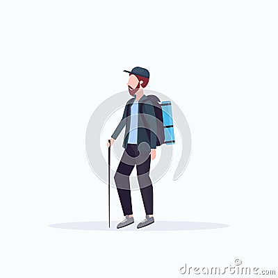 Man tourist hiker with backpack holding stick trekking hiking concept traveler on hike white background full length flat Vector Illustration