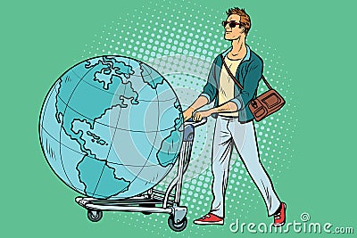 Man tourist with a Luggage cart with the planet Earth Vector Illustration