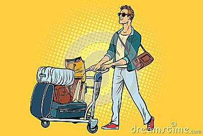 Man tourist with Luggage cart Vector Illustration