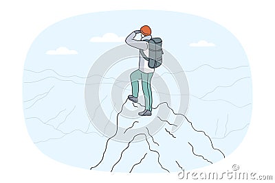 Man tourist on mountain peak look in distance Vector Illustration