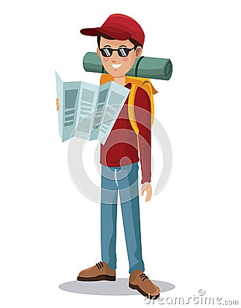 Man tourist reading map backpack glasses Vector Illustration