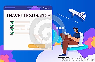 man tourist reading travel insurance security paper transportation summer vacation holiday concept Cartoon Illustration