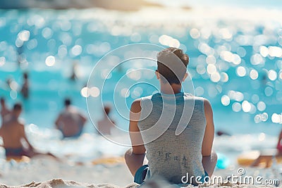 Man in towel relaxing at busy beach Stock Photo