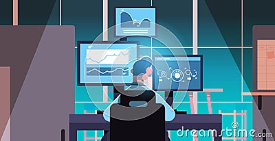 man trader stock market broker analyzing charts graphs and rates on computer monitors at workplace concept Vector Illustration