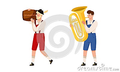 Man in traditional Bavarian clothes with musical instrument and wooden barrel of beer. People celebrating Oktoberfest Vector Illustration