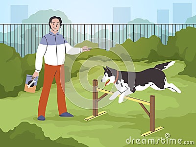Man train dog. Guy teaches pet to take obstacles, husky with owner outdoor, animal sport activities on playground Vector Illustration