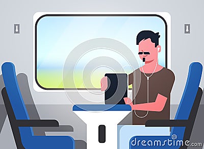 Man train passenger listening audio book with headphones stylish guy sitting blue armchair railway traveling concept Vector Illustration