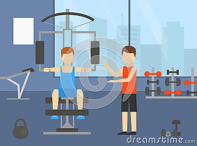 Man Training Chest Muscles on Sports Machine in Gym, Active Healthy Lifestyle, Indoor Sports with Personal Trainer Vector Illustration