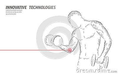 Man training with dumbbell elbow injury. Red painful area polygonal sports medicine abstract concept. Strong Vector Illustration