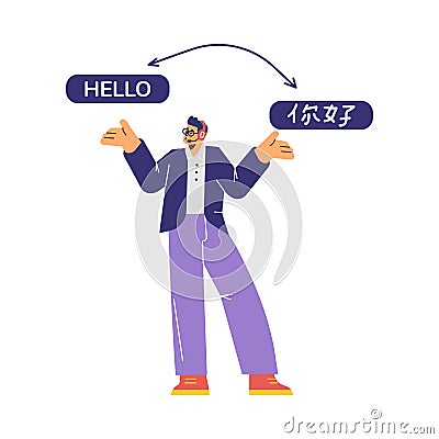 Man translator online help understanding foreign languages, translation and teaching service vector illustration Cartoon Illustration