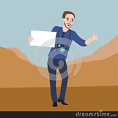 Man traveling asking for a ride Vector Illustration