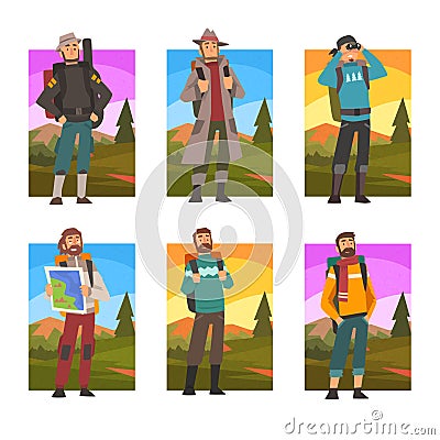 Man Traveller or Explorer with Backpack Engaged in Mountaineering and Expedition Vector Set Vector Illustration