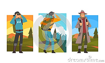 Man Traveller or Explorer with Backpack Standing and Looking Ahead Vector Set Vector Illustration