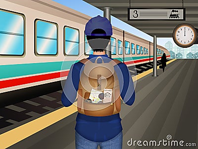 Man travels by train Stock Photo