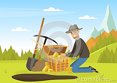 Man Treasure Hunter Finding Chest with Precious Jewel Vector Illustration Vector Illustration