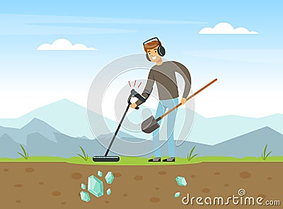 Man Treasure Hunter with Shovel and Metal Detector Finding Precious Jewel Vector Illustration Vector Illustration