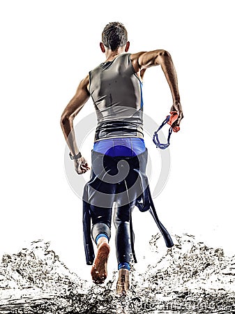 Man triathlon iron man athlete swimmers running Stock Photo