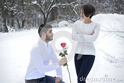 Man Tries To Apologize with Rose Stock Photo