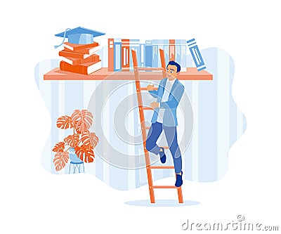 A man tries to climb a ladder to get a book on a bookshelf. Educational process to achieve success. Vector Illustration