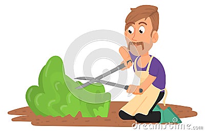 Man trimming green bush. Cartoon gardener working Vector Illustration