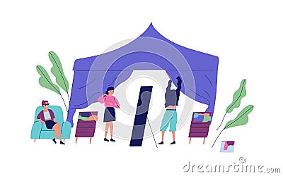 Man try on jumper in front of mirror at tent of street market vector flat illustration. People choose clothes at rag Vector Illustration