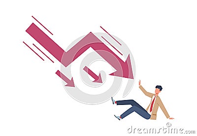 Man try stopping falling arrow. Unpaid loan debt economic crisis, business bankruptcy, company startup collapse Vector Illustration