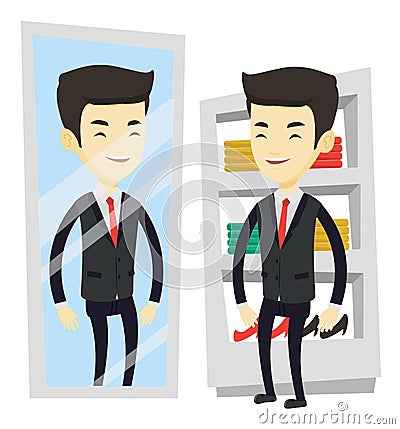 Man trying on clothes in dressing room. Vector Illustration