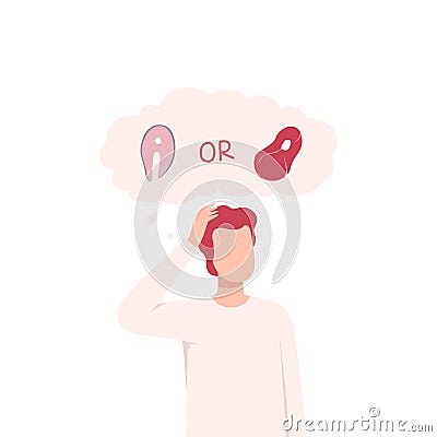 Man Trying to Make Decision, Fish or Meat, Guy hoosing Between Healthy and Unhealthy Food Flat Vector Illustration Vector Illustration