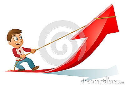 Man trying to pull up a growth arrow. Vector Illustration