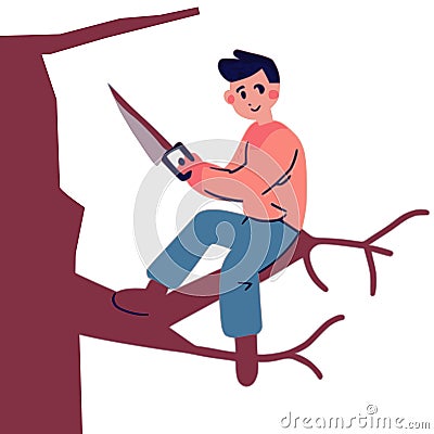 Man trying to saw tree branch vector graphics Stock Photo