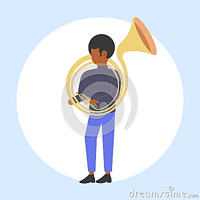 Man tuba player african american musician playing the baritone jazz mood beautiful voice concept flat full length Vector Illustration