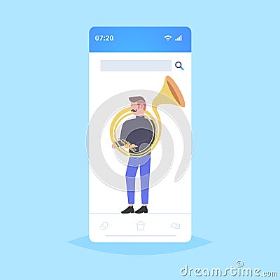 Man tuba player musician playing the baritone jazz mood beautiful voice concept smartphone screen online mobile Vector Illustration