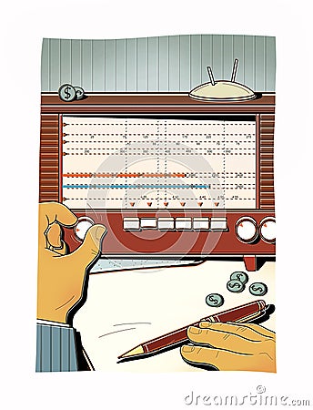 Man tunes the old radio, catches the radio wave. Transmission of classified information. The financial analysis Stock Photo