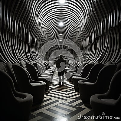 Man in a tunnel, hypnosis spiral, manipulation by media, optical illusion, influence and trance Stock Photo