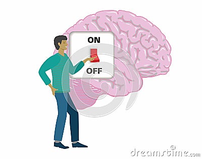 Man turning off brain with big switch. Isolated. Vector illustration. Vector Illustration