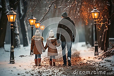 A man and two little girls walking in the snow Stock Photo