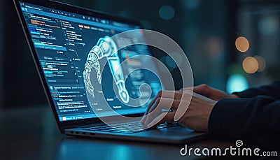 Man types on laptop keyboard. Robotic arm illustration on display. AI chatbot, artificial intelligence, futuristic tech, Cartoon Illustration