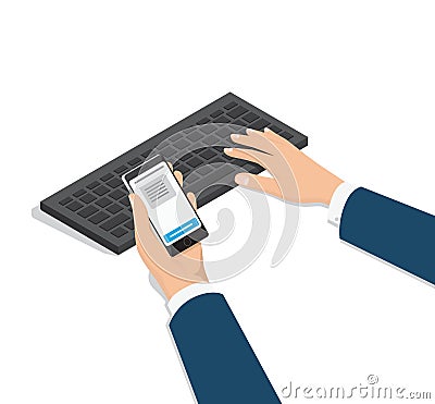 Man Typing on Computer with Phone in Hand Vector Vector Illustration