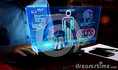 Man typing on keyboard with game creating on hologram screen Stock Photo