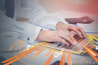 Man typing on laptop, internet icons Stock Photo