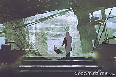 Man with umbrella stands under building in rainy day Cartoon Illustration