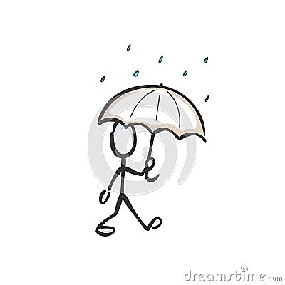 Man with umbrella walking in the rain. Rainy day, Rainy weather. Hand drawn. Stickman cartoon. Doodle sketch, Vector graphic Cartoon Illustration