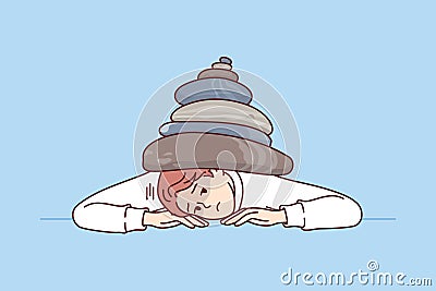 Man under pressure from problems associated with performing work, lies on table with stones Vector Illustration