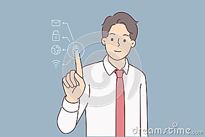 Man undergoes biometric authentication using fingerprint scanner to gain access to back office Vector Illustration