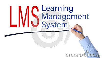 Man underlining text Learning Management System and its abbreviation LMS on white board, closeup Stock Photo
