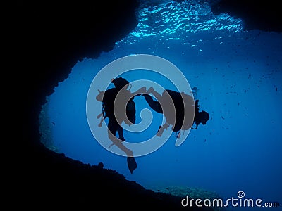 Man Underwater Photographer Scuba Diving Cave Stock Photo