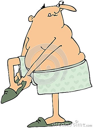 Man In Underwear Putting On His Slippers Cartoon Illustration