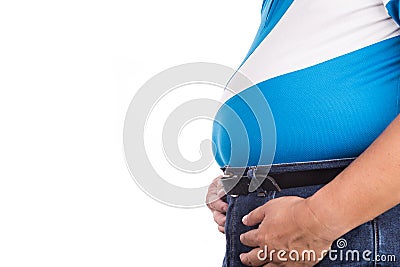 Man with unhealthy big belly with visceral or subcutaneous fats Stock Photo