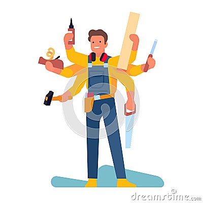 Man in uniform with carpentry tools. Multitasking worker. Carpenter holding saw and hammer. Professional workman in Vector Illustration