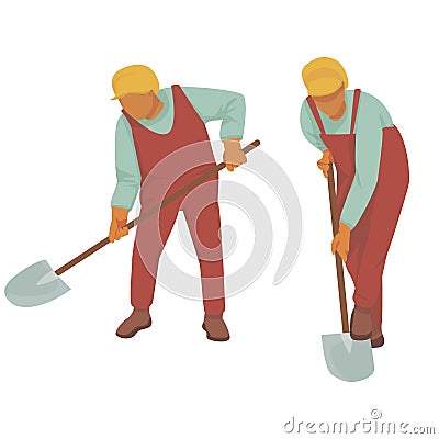 man in uniform digs from two foreshortening: front and side. builder in a yellow cap. farmer in overalls. vector flat. Stock Photo